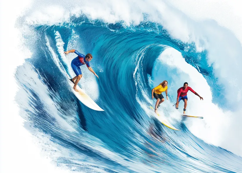 Three surfers catching a wave together